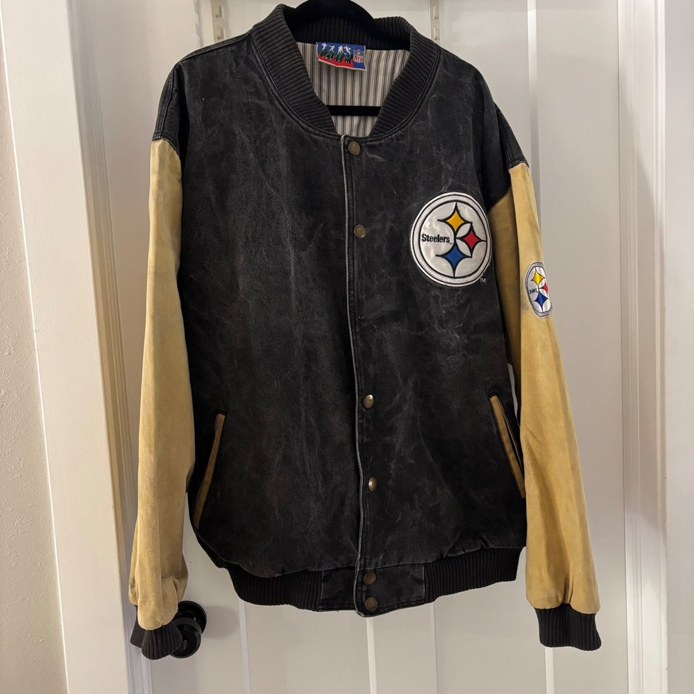 Vintage Pittsburgh Steelers NFL Varsity Bomber Jacket Mens XL Black Gold